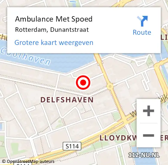 Locatie op kaart van de 112 melding: Ambulance Met Spoed Naar Rotterdam, Dunantstraat op 26 februari 2024 16:45