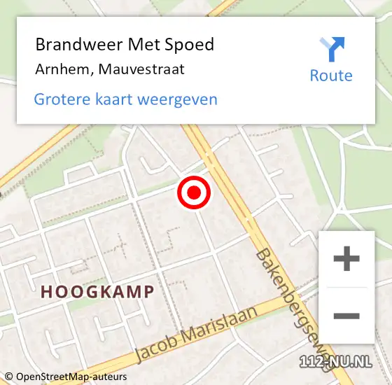 Locatie op kaart van de 112 melding: Brandweer Met Spoed Naar Arnhem, Mauvestraat op 26 februari 2024 20:57