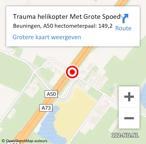 Locatie op kaart van de 112 melding: Trauma helikopter Met Grote Spoed Naar Beuningen, A50 hectometerpaal: 149,2 op 26 februari 2024 21:06