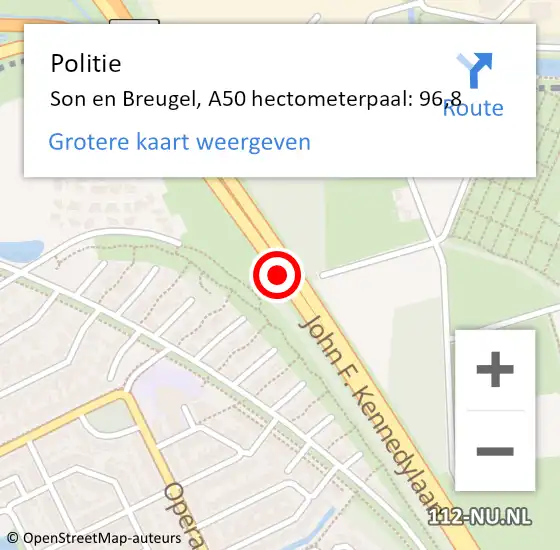 Locatie op kaart van de 112 melding: Politie Son en Breugel, A50 hectometerpaal: 96,8 op 26 februari 2024 21:59