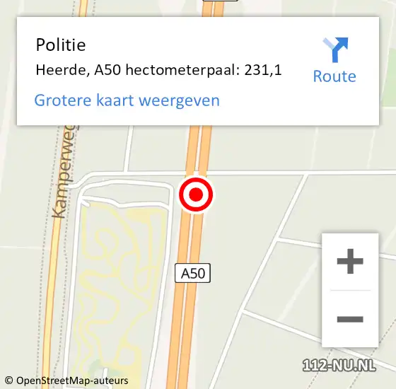 Locatie op kaart van de 112 melding: Politie Heerde, A50 hectometerpaal: 231,1 op 26 februari 2024 22:54