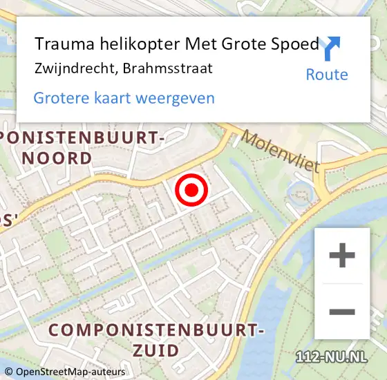 Locatie op kaart van de 112 melding: Trauma helikopter Met Grote Spoed Naar Zwijndrecht, Brahmsstraat op 27 februari 2024 01:28