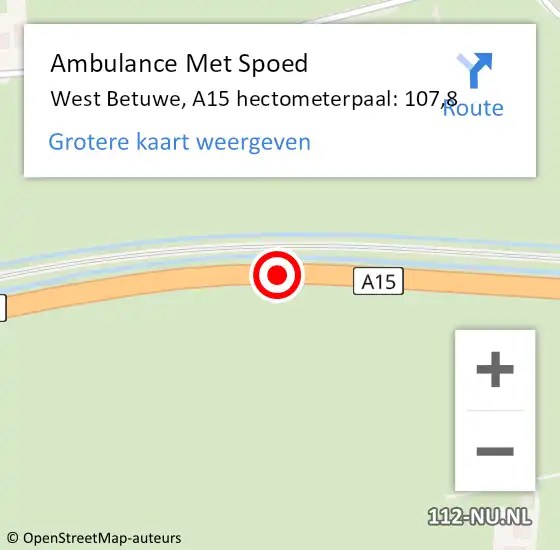Locatie op kaart van de 112 melding: Ambulance Met Spoed Naar West Betuwe, A15 hectometerpaal: 107,8 op 27 februari 2024 05:50