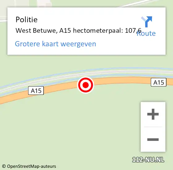 Locatie op kaart van de 112 melding: Politie West Betuwe, A15 hectometerpaal: 107,6 op 27 februari 2024 05:58