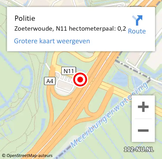 Locatie op kaart van de 112 melding: Politie Zoeterwoude, N11 hectometerpaal: 0,2 op 27 februari 2024 08:03