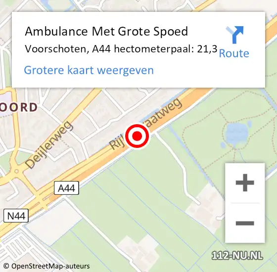 Locatie op kaart van de 112 melding: Ambulance Met Grote Spoed Naar Voorschoten, A44 hectometerpaal: 21,3 op 27 februari 2024 08:13