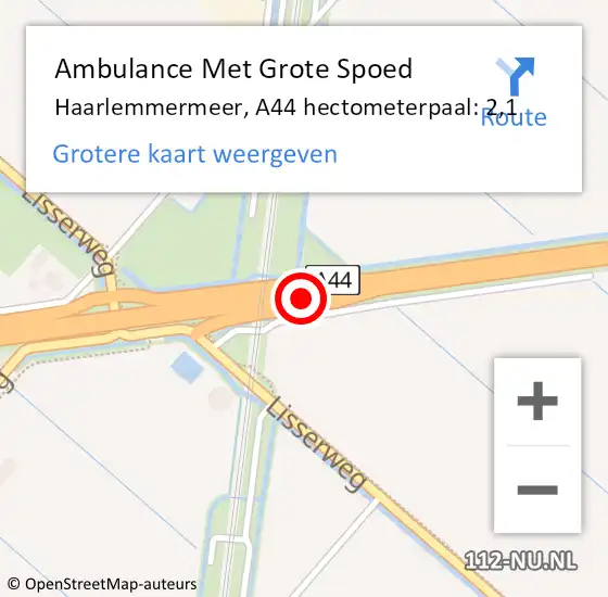 Locatie op kaart van de 112 melding: Ambulance Met Grote Spoed Naar Haarlemmermeer, A44 hectometerpaal: 2,1 op 27 februari 2024 08:30