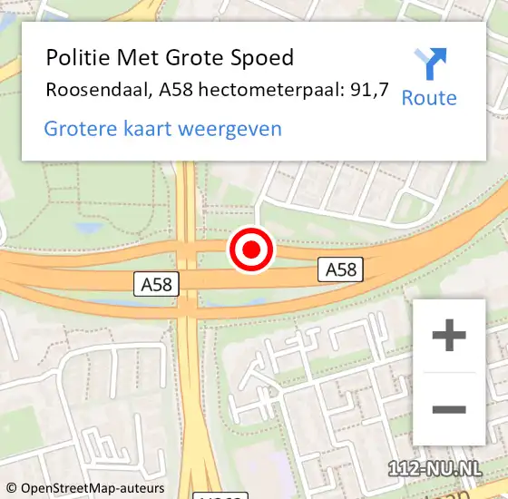Locatie op kaart van de 112 melding: Politie Met Grote Spoed Naar Roosendaal, A58 hectometerpaal: 91,7 op 27 februari 2024 08:43