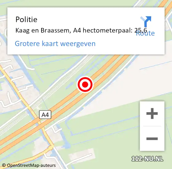 Locatie op kaart van de 112 melding: Politie Kaag en Braassem, A4 hectometerpaal: 25,6 op 27 februari 2024 08:46