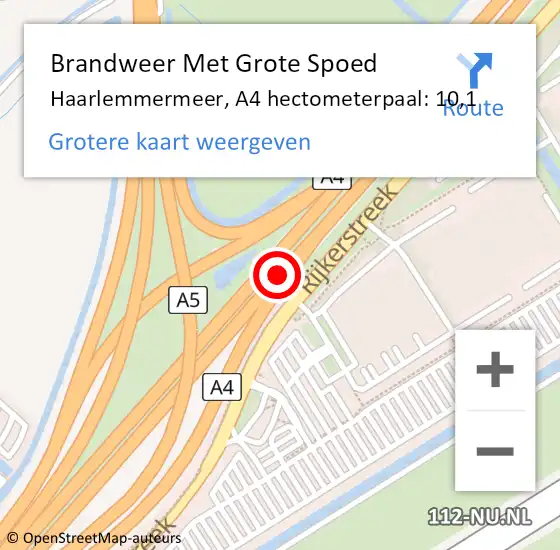 Locatie op kaart van de 112 melding: Brandweer Met Grote Spoed Naar Haarlemmermeer, A4 hectometerpaal: 10,1 op 27 februari 2024 08:58