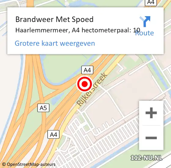 Locatie op kaart van de 112 melding: Brandweer Met Spoed Naar Haarlemmermeer, A4 hectometerpaal: 10 op 27 februari 2024 09:19