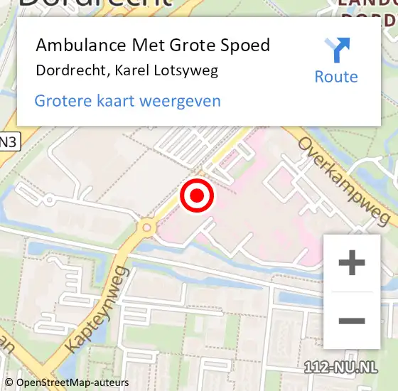 Locatie op kaart van de 112 melding: Ambulance Met Grote Spoed Naar Dordrecht, Karel Lotsyweg op 27 februari 2024 11:37