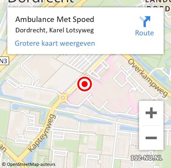 Locatie op kaart van de 112 melding: Ambulance Met Spoed Naar Dordrecht, Karel Lotsyweg op 27 februari 2024 12:58