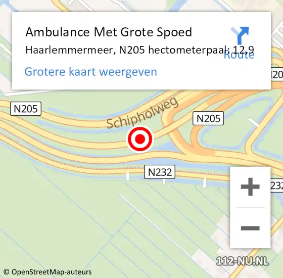 Locatie op kaart van de 112 melding: Ambulance Met Grote Spoed Naar Haarlemmermeer, N205 hectometerpaal: 12,9 op 27 februari 2024 13:55
