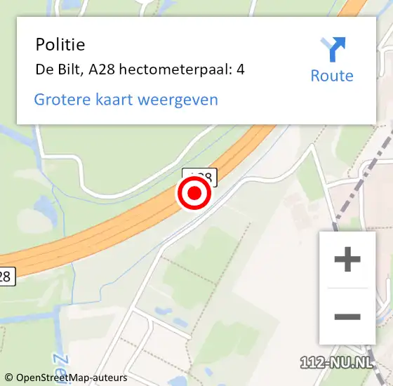 Locatie op kaart van de 112 melding: Politie De Bilt, A28 hectometerpaal: 4 op 27 februari 2024 15:23