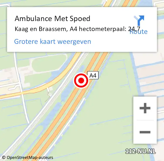 Locatie op kaart van de 112 melding: Ambulance Met Spoed Naar Kaag en Braassem, A4 hectometerpaal: 24,7 op 27 februari 2024 15:39