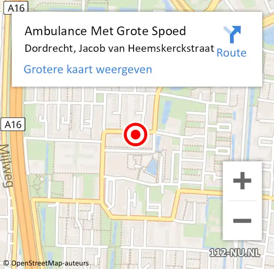 Locatie op kaart van de 112 melding: Ambulance Met Grote Spoed Naar Dordrecht, Jacob van Heemskerckstraat op 27 februari 2024 15:42