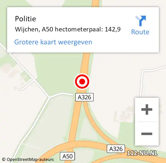 Locatie op kaart van de 112 melding: Politie Wijchen, A50 hectometerpaal: 142,9 op 27 februari 2024 16:11