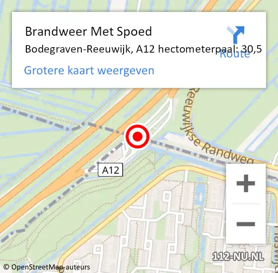 Locatie op kaart van de 112 melding: Brandweer Met Spoed Naar Bodegraven-Reeuwijk, A12 hectometerpaal: 30,5 op 27 februari 2024 18:54