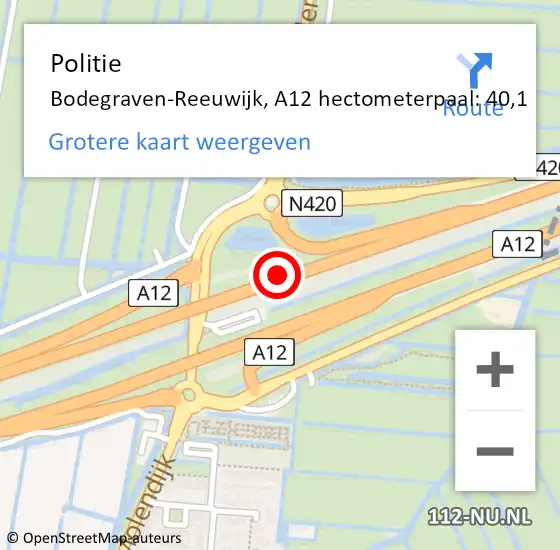 Locatie op kaart van de 112 melding: Politie Bodegraven-Reeuwijk, A12 hectometerpaal: 40,1 op 27 februari 2024 19:55