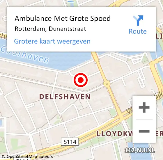 Locatie op kaart van de 112 melding: Ambulance Met Grote Spoed Naar Rotterdam, Dunantstraat op 27 februari 2024 20:42