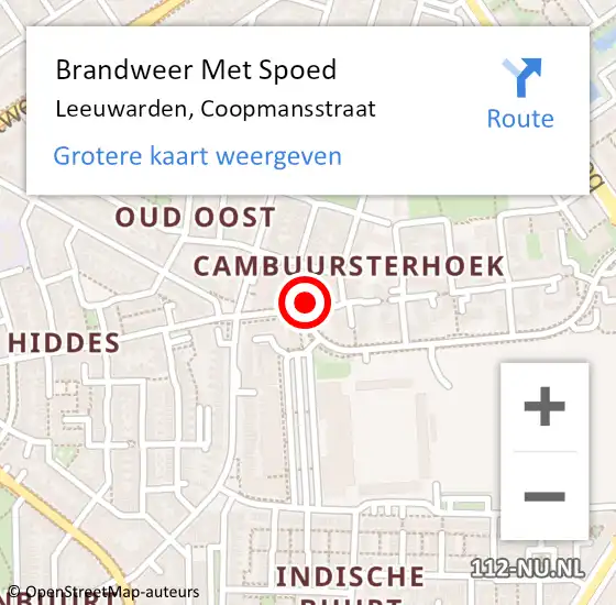 Locatie op kaart van de 112 melding: Brandweer Met Spoed Naar Leeuwarden, Coopmansstraat op 27 februari 2024 21:09