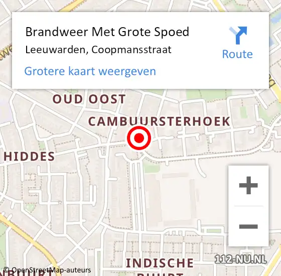 Locatie op kaart van de 112 melding: Brandweer Met Grote Spoed Naar Leeuwarden, Coopmansstraat op 27 februari 2024 21:11