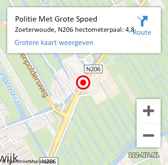 Locatie op kaart van de 112 melding: Politie Met Grote Spoed Naar Zoeterwoude, N206 hectometerpaal: 4,8 op 27 februari 2024 21:30