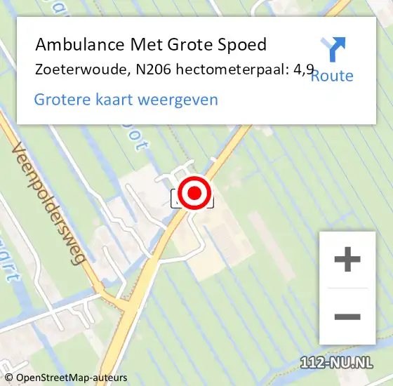 Locatie op kaart van de 112 melding: Ambulance Met Grote Spoed Naar Zoeterwoude, N206 hectometerpaal: 4,9 op 27 februari 2024 21:30
