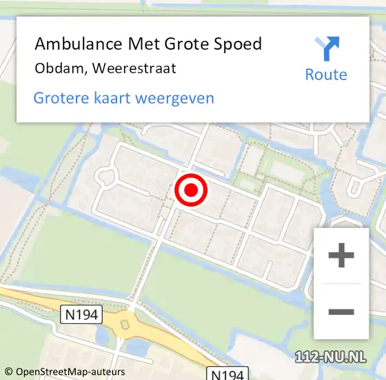 Locatie op kaart van de 112 melding: Ambulance Met Grote Spoed Naar Obdam, Weerestraat op 27 februari 2024 22:03