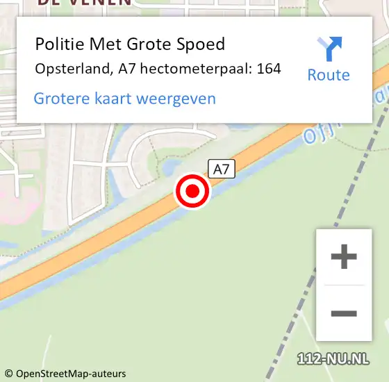 Locatie op kaart van de 112 melding: Politie Met Grote Spoed Naar Opsterland, A7 hectometerpaal: 164 op 27 februari 2024 22:14