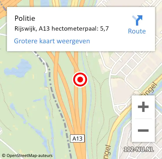 Locatie op kaart van de 112 melding: Politie Rijswijk, A13 hectometerpaal: 5,7 op 28 februari 2024 09:19