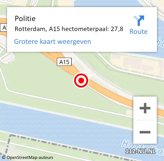 Locatie op kaart van de 112 melding: Politie Rotterdam, A15 hectometerpaal: 27,8 op 28 februari 2024 12:46