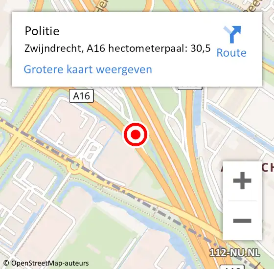 Locatie op kaart van de 112 melding: Politie Zwijndrecht, A16 hectometerpaal: 30,5 op 28 februari 2024 14:40