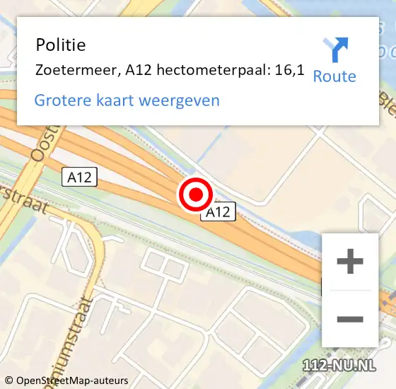 Locatie op kaart van de 112 melding: Politie Zoetermeer, A12 hectometerpaal: 16,1 op 28 februari 2024 16:13