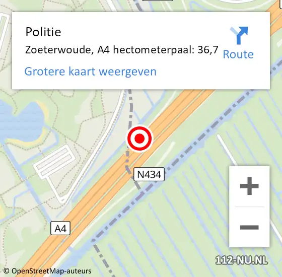 Locatie op kaart van de 112 melding: Politie Zoeterwoude, A4 hectometerpaal: 36,7 op 28 februari 2024 16:14