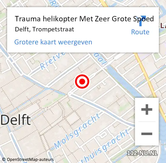 Locatie op kaart van de 112 melding: Trauma helikopter Met Zeer Grote Spoed Naar Delft, Trompetstraat op 28 februari 2024 17:10