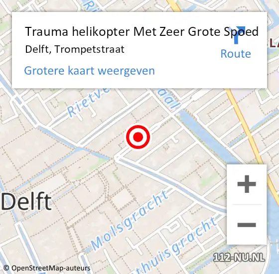 Locatie op kaart van de 112 melding: Trauma helikopter Met Zeer Grote Spoed Naar Delft, Trompetstraat op 28 februari 2024 17:12