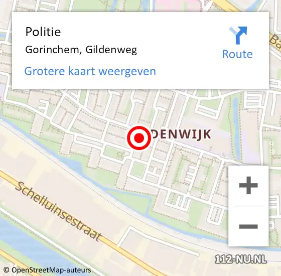 Locatie op kaart van de 112 melding: Politie Gorinchem, Gildenweg op 28 februari 2024 21:22