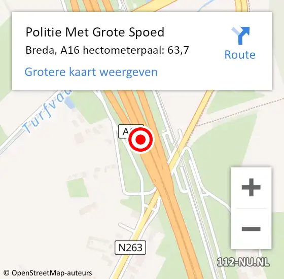 Locatie op kaart van de 112 melding: Politie Met Grote Spoed Naar Breda, A16 hectometerpaal: 63,7 op 28 februari 2024 22:26