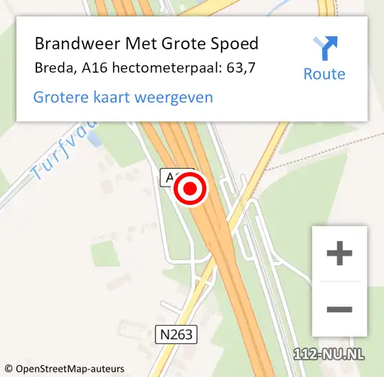 Locatie op kaart van de 112 melding: Brandweer Met Grote Spoed Naar Breda, A16 hectometerpaal: 63,7 op 28 februari 2024 22:26