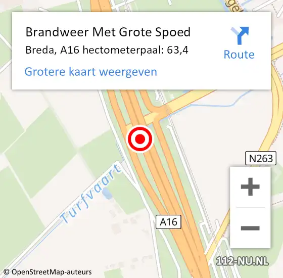 Locatie op kaart van de 112 melding: Brandweer Met Grote Spoed Naar Breda, A16 hectometerpaal: 63,4 op 28 februari 2024 22:30