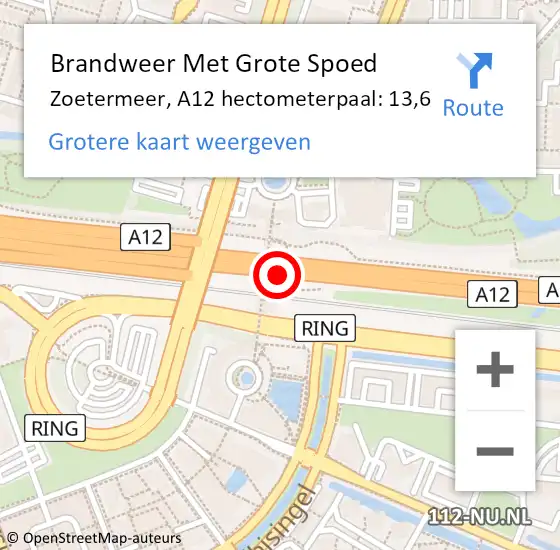 Locatie op kaart van de 112 melding: Brandweer Met Grote Spoed Naar Zoetermeer, A12 hectometerpaal: 13,6 op 29 februari 2024 00:55