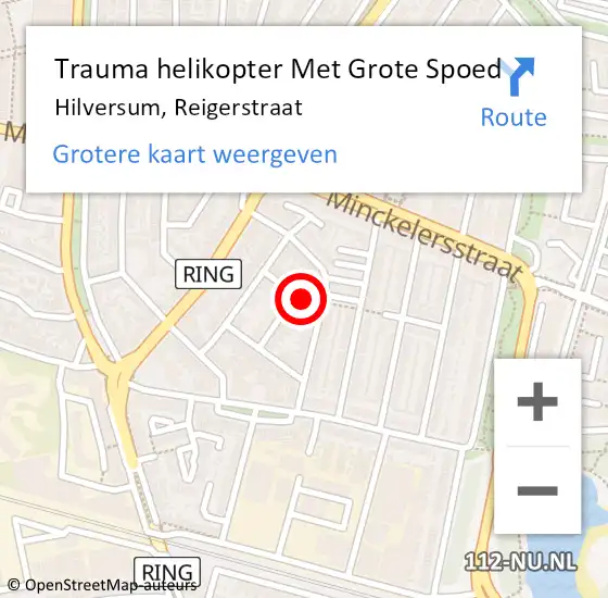 Locatie op kaart van de 112 melding: Trauma helikopter Met Grote Spoed Naar Hilversum, Reigerstraat op 29 februari 2024 02:55