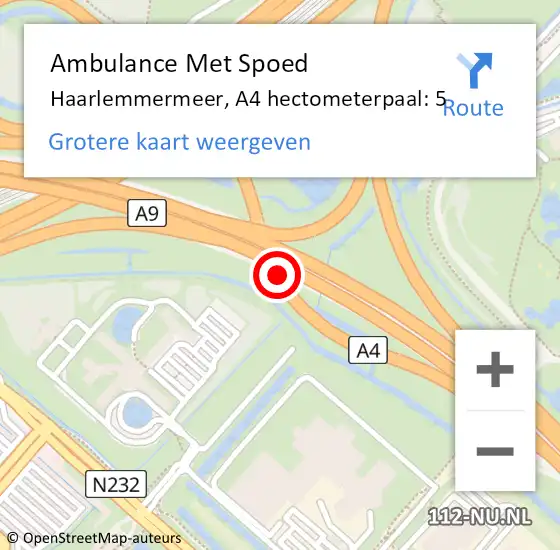 Locatie op kaart van de 112 melding: Ambulance Met Spoed Naar Haarlemmermeer, A4 hectometerpaal: 5 op 29 februari 2024 07:13