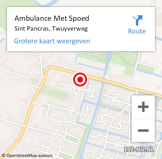 Locatie op kaart van de 112 melding: Ambulance Met Spoed Naar Sint Pancras, Twuyverweg op 29 februari 2024 07:15