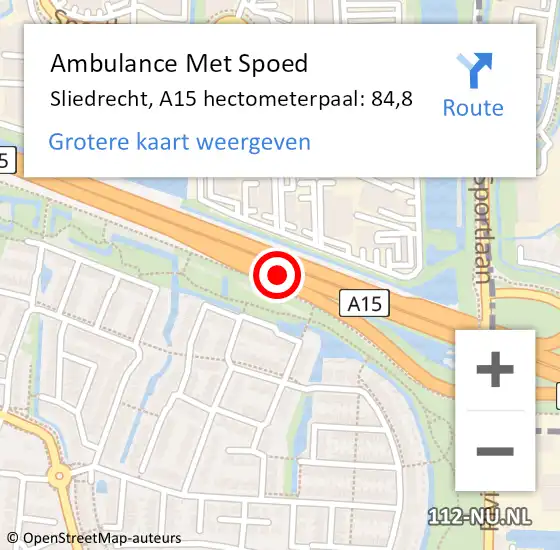 Locatie op kaart van de 112 melding: Ambulance Met Spoed Naar Sliedrecht, A15 hectometerpaal: 84,8 op 29 februari 2024 07:27