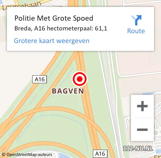 Locatie op kaart van de 112 melding: Politie Met Grote Spoed Naar Breda, A16 hectometerpaal: 61,1 op 29 februari 2024 07:33