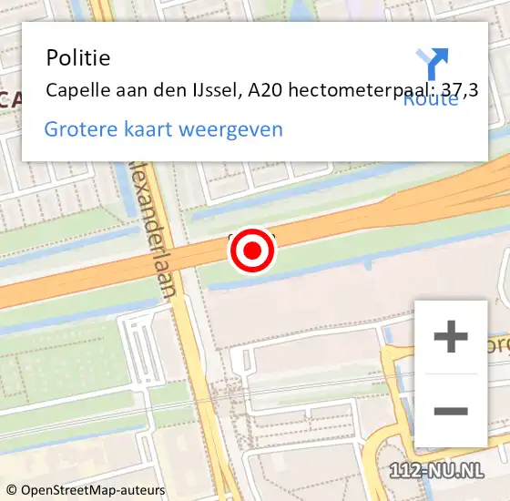 Locatie op kaart van de 112 melding: Politie Capelle aan den IJssel, A20 hectometerpaal: 37,3 op 29 februari 2024 07:52