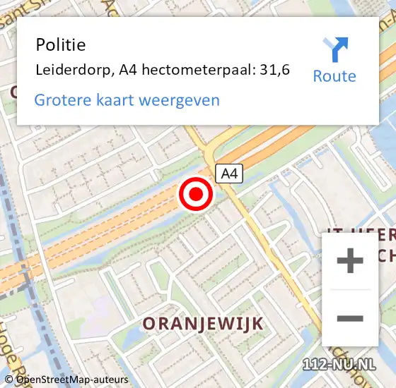 Locatie op kaart van de 112 melding: Politie Leiderdorp, A4 hectometerpaal: 31,6 op 29 februari 2024 08:32